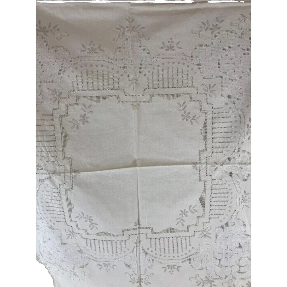 Vintage Beige Art Deco Tablecloth 17x50 Embroidered Rectangle Cottage Grannycore